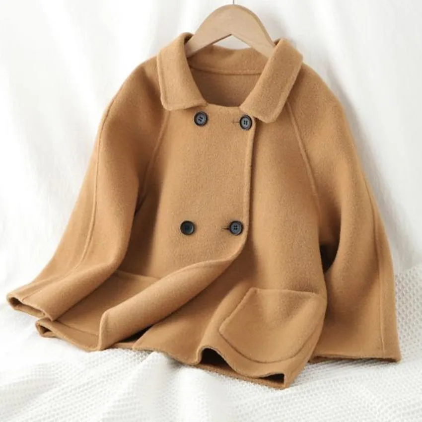 

Baby girl autumn winter double faced wool blends overcoat kids double breasted loose fashion outwear