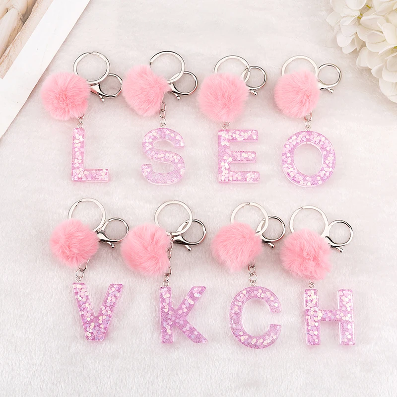 1PC Keyring Pink Color English Letter Keychain with Puffer Ball  26 English word Glitter Resin A TO Q Handbag Charms for Woman