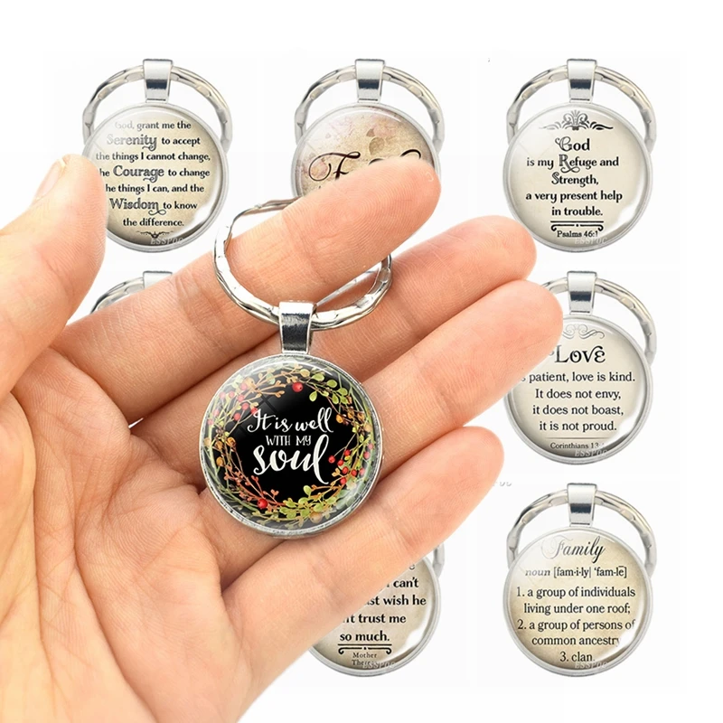 Metal Keychain with Bible Verse Prayer Church Souvenir Glass Cabochon Pendant Faith Jewelry Christian Gift Thanksgiving