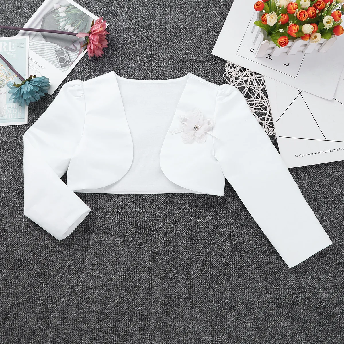 Elegant Girls Flower Bolero Jackets Long Sleeve Bridal Shrug Cape Wedding Party Dress Match Tops Girls Cloak Shawl Outerwear