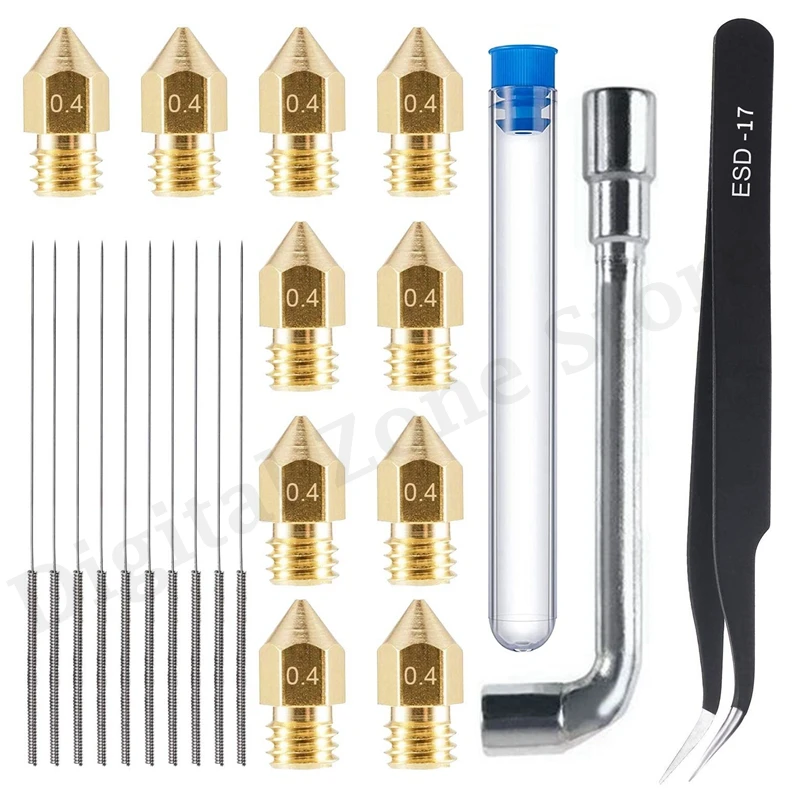 

23Pcs Nozzle Cleaning Tool Kit - 10Pcs 0.4mm MK8 Nozzles + 10Pcs Cleaning Needles +Wrench + Tweezers Set 3D Printer Accessories