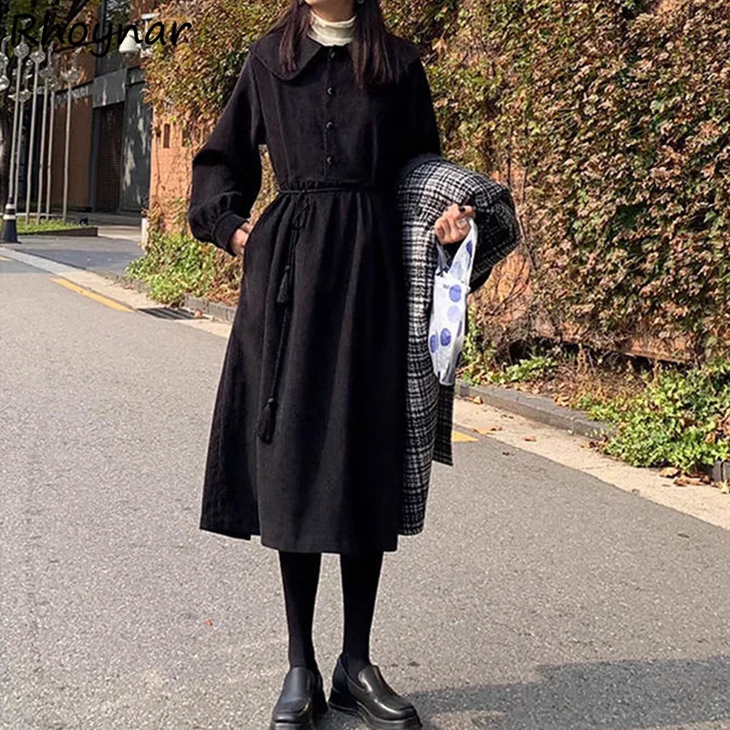 

Long Sleeve Dress Women Corduroy Tassel Autumn Tender Ladies Fashion Tunic Vestidos French Style Vintage Temperament Casual Cozy