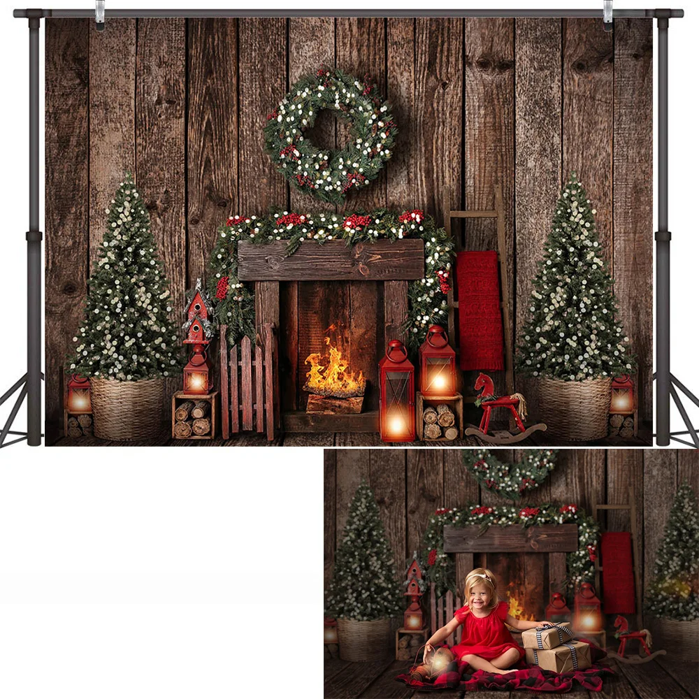 Giáng Sinh Lò Sưởi Phông Nền Chụp Ảnh Cây Giáng Sinh Vintage Gỗ Mộc Mạc Treo Tường Quà Giáng Ảnh Nền Windows Mùa Đông Photocall