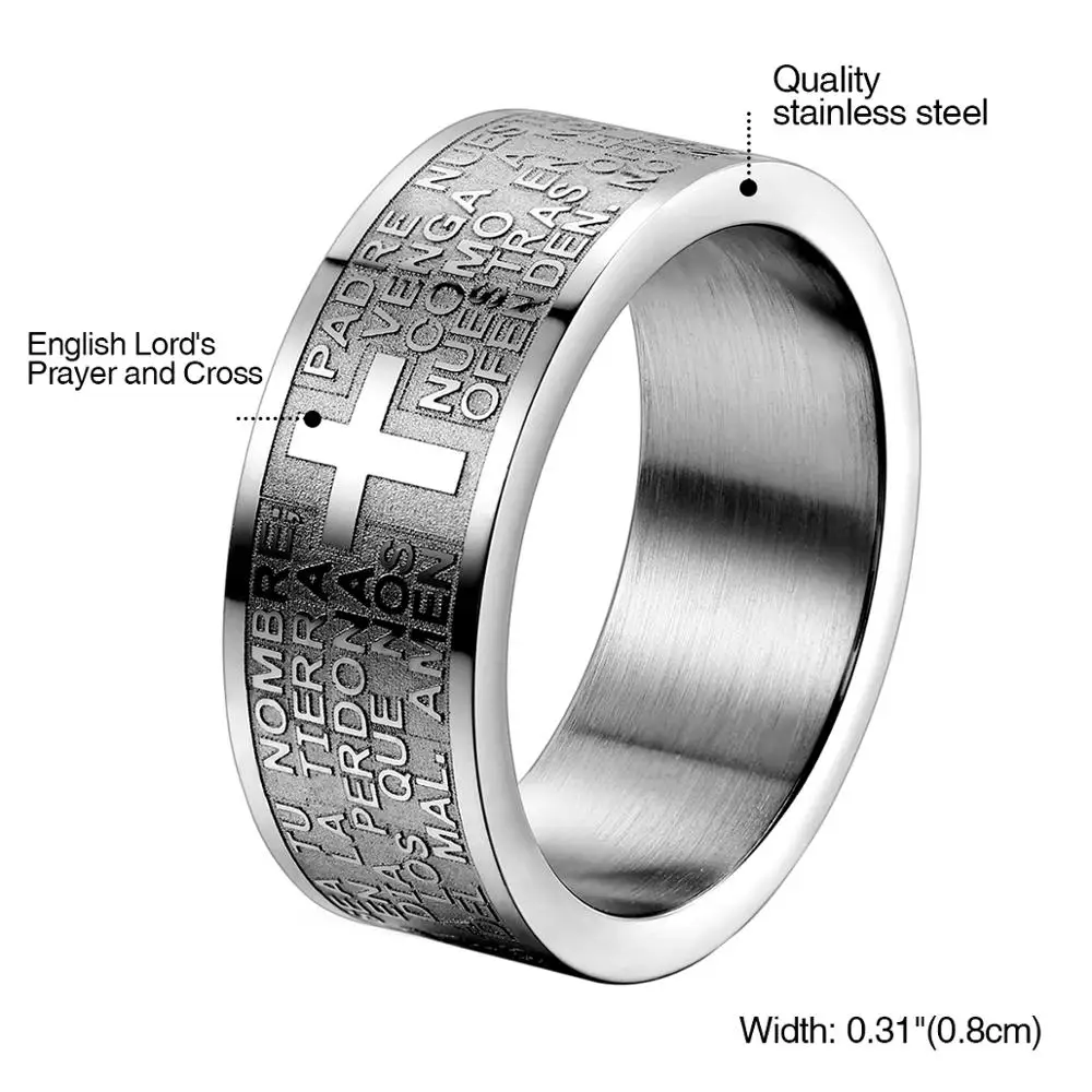 Fashion Mens 316L Stainless Steel Ring Spanish Lord\'s Prayer Bible Cross 8mm Band silver color anillos hombre mens jewellery