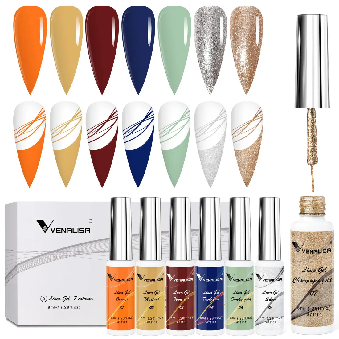 7 farbe Kit Venalisa Liner Gel 8ml Französisch Gel Nagel Farbe Gel Polish UV LED Malerei Gel Nail art design Wunderschöne Glitter Farbe – Detail 7
