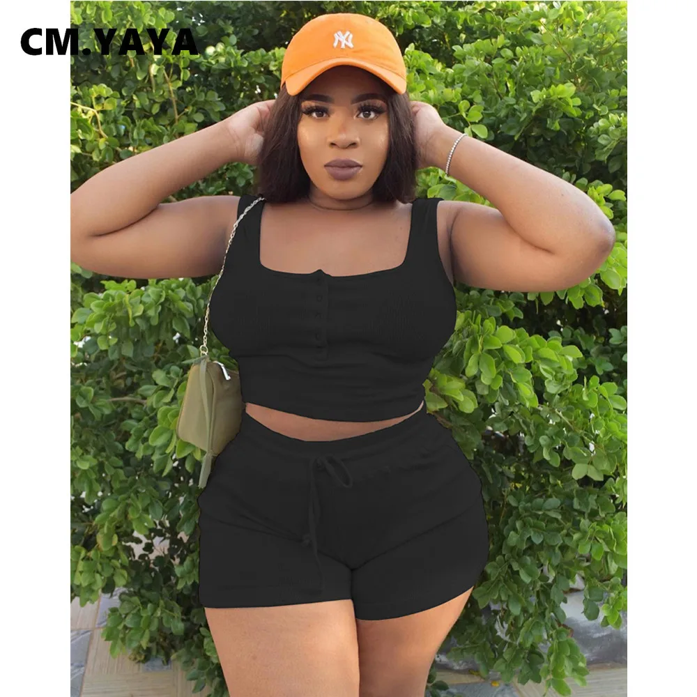 CM.YAYA Women Plus Size Set Sleeveless Square Collar Crop Tops Drawstring Waist Shorts Two 2 Piece Sets Tracksuit Summer Outfit