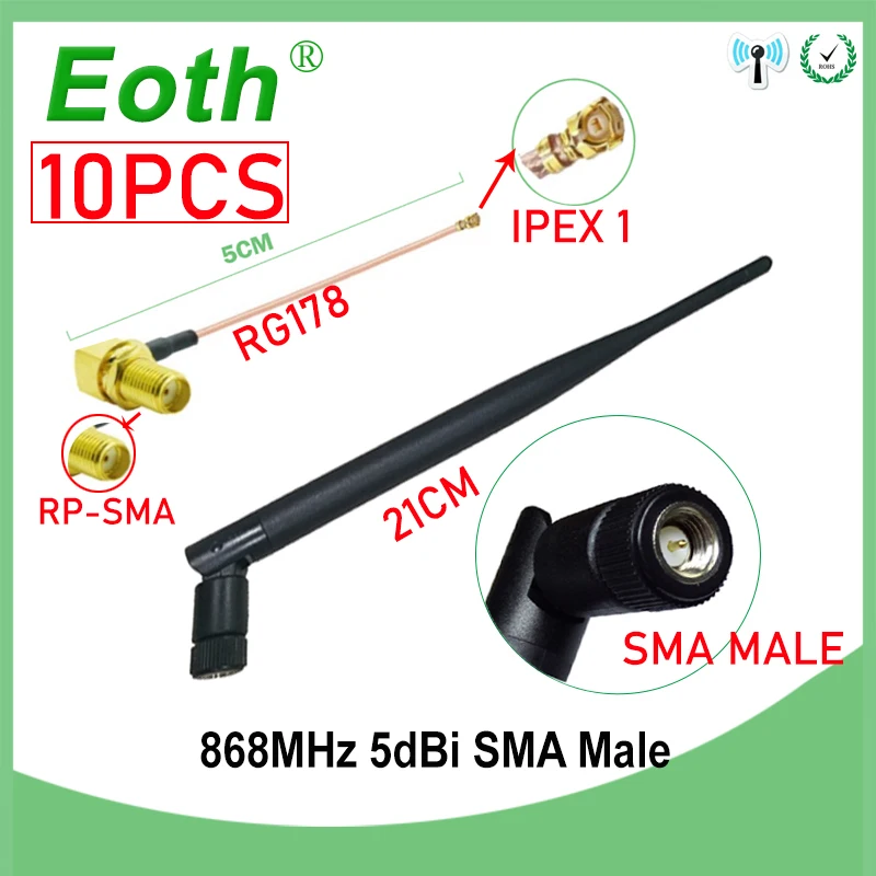 

EOTH 10 шт. 868 МГц антенна 5dbi sma Мужская 915 МГц lora антенна женский коленчатый модуль lorawan RP-SMA антенна RG178 IPEX 1 5 см кабель