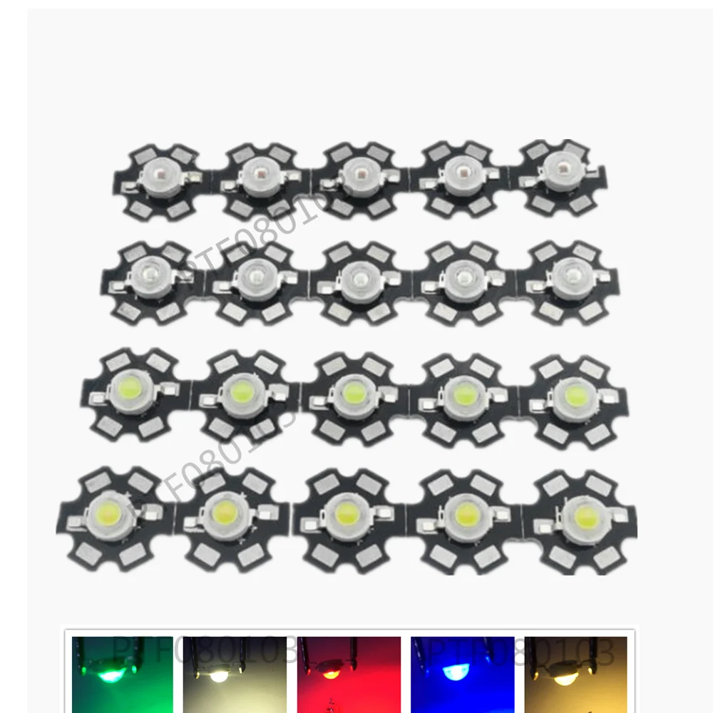 25pcs 1W 3W High Power LED Full Spectrum White Warm white Green Blue Deep Red 660nm Royal blue With 20mm White & Black Star PCB