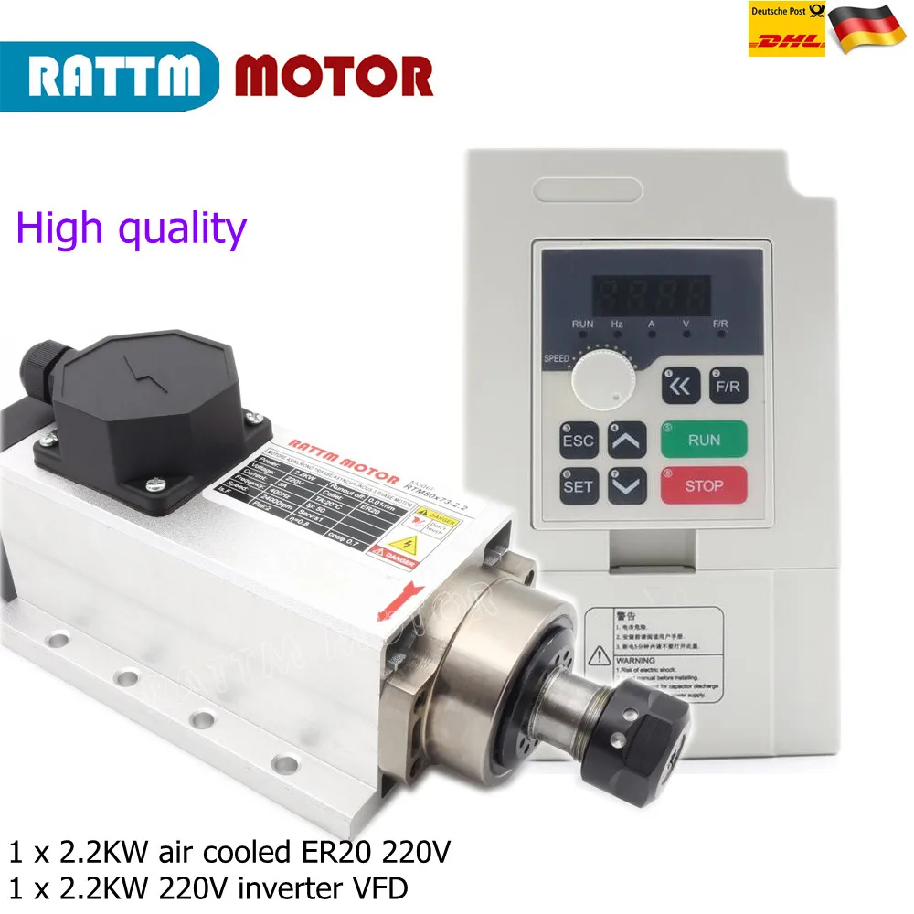 CNC Lathe Part Square Air Cooled Spindle Motor 2.2KW 220V ER20 6A  with Inverter VFD 2.2KW 220V