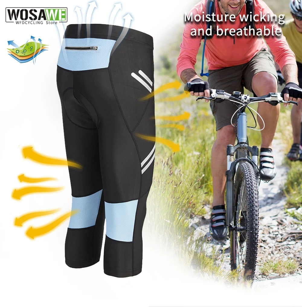 Wosawe Heren Fietsbroek Panty Reflecterende Rijfiets Kleding 3d Gel Gewatteerde Cropped Broek Mtb Draaiende Fietsbroek