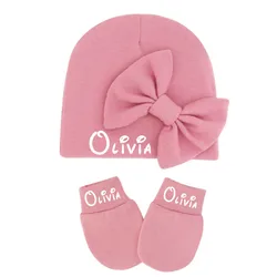 Personalized Baby Hat & Mittens with Bow Baby Shower Custom Name Newborn Gift Baby Scratch Mittens Newborn Baby Pink Girl Hat