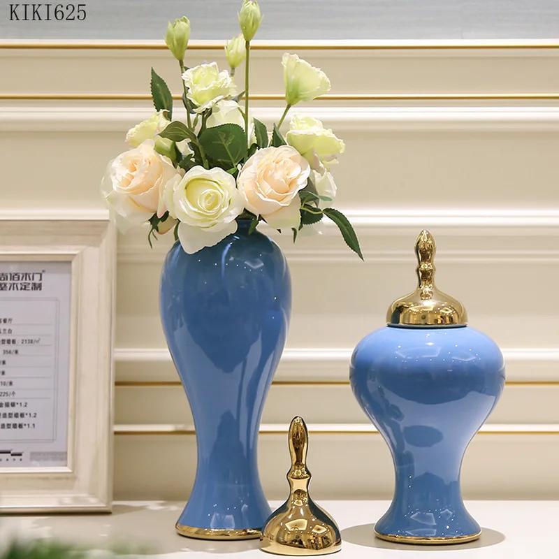 

European Style Large Countertop Vase with Cover Flower Arrangement Desktop Ornaments Gilded Flower Vase Wedding Home Decoration