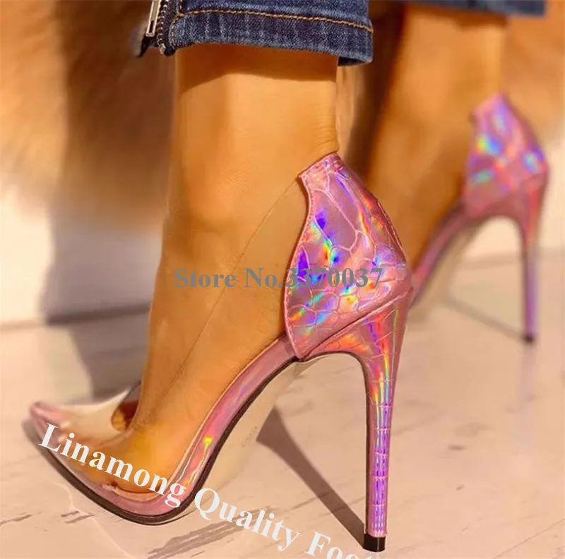 Linamong Sexy Clear PVC Reflective Patchwork Stiletto Heel Pumps Slip-on Transparent High Heels Formal Dress Shoes Wedding Shoes