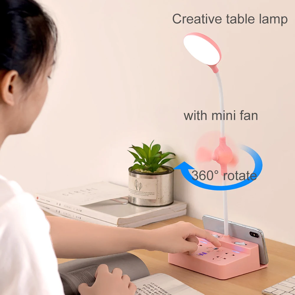 Creative Table Lamp Led with USB Charging  Desk Lamp Eye Protection Learning Children Bedroom Bedside  Lamp With mini fan&Socket