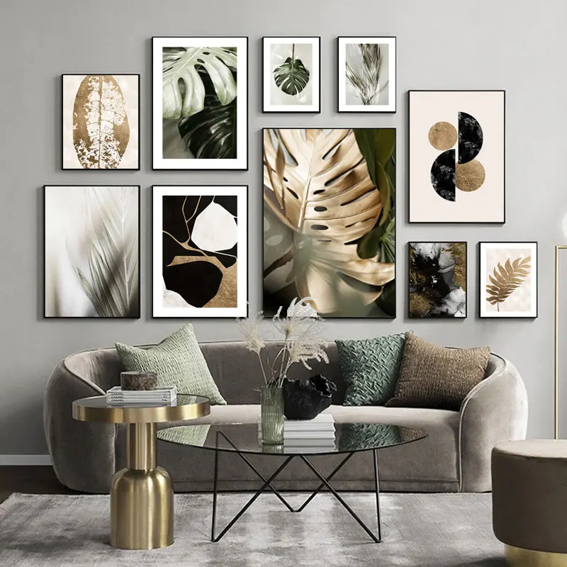 

Modern Abstract Leaves Plant Painting Wall Art Canvas Poster and Print Black Gold Graphics Picture Living Room Home Decoration