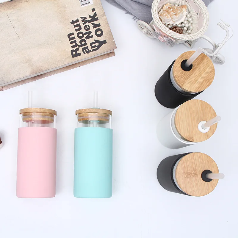 500ml Glass Tumbler Glass Water Bottle With Straw Silicone Protective Sleeve Bamboo Lid,Aesthetic Travel Straw Cups Glass Water