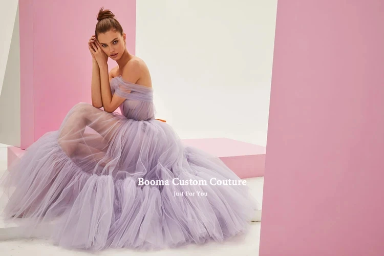 Booma Eenvoudige Blauwe Tulle Midi Prom Jurken Een Schouder Tea-Lengte A-lijn Wedding Party Jurken Open Back Graduation Jurken