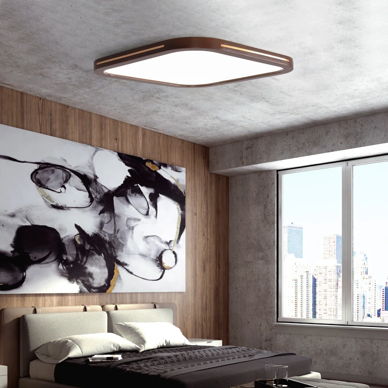 Ultra-thin Solid Wood Living Room Chandeliers Modern Bedroom Lamp Rectangular Walnut Color Copper Ceiling Decoration Lights