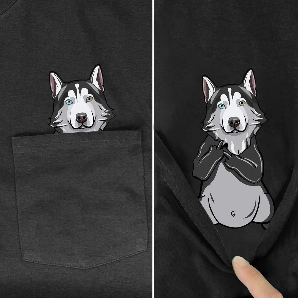 PLstar Cosmos T Shirt summer pocket Siberian Husky printed t-shirt men for women shirts tops funny cotton black tees