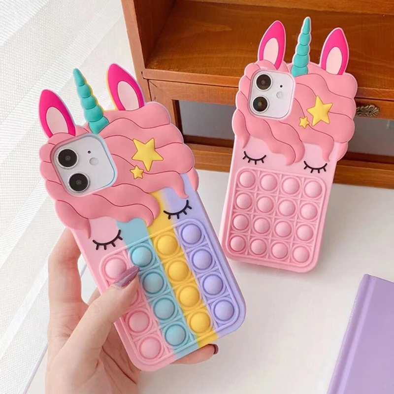 Rainbow Silicone Phone Case For Iphone 13 11 12 Pro Max XR X XS Max 6 6s 7 8 Plus Cartoon Relive Stress Toys Push Bubble Cover