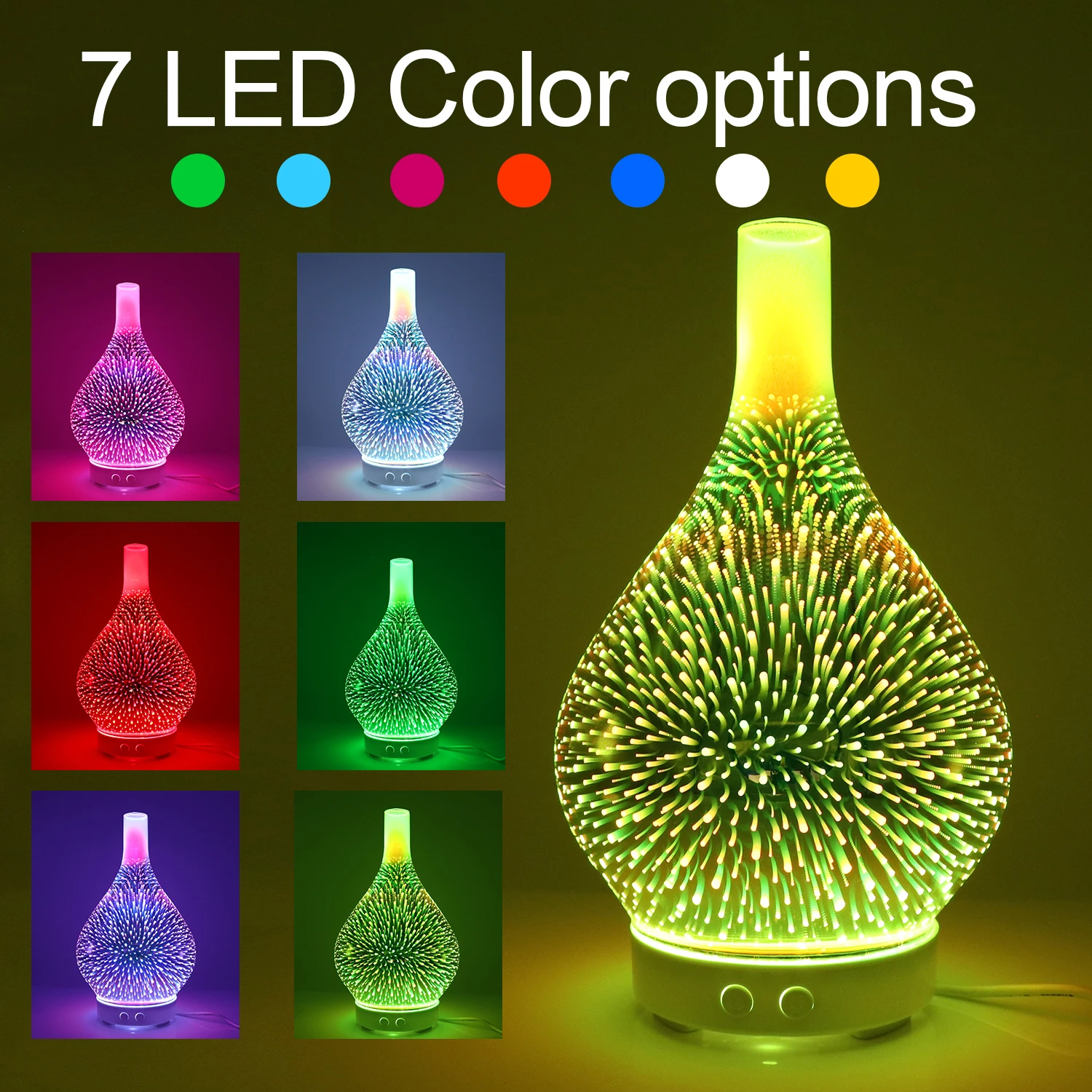 100ml USB Ultrasonic Humidifier Aromatherapy Essential Oil Nebulizer 3D Glass Firework Aroma Diffuser  With 7 LED Night Lights