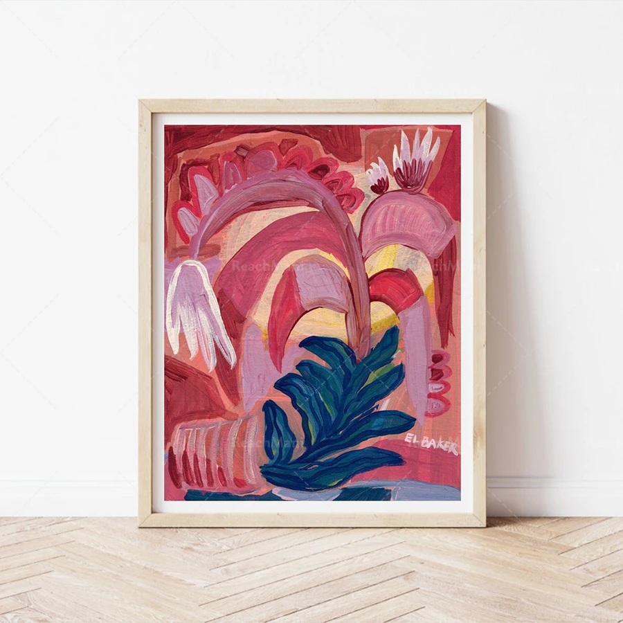 Still life painting abstract floral wall art | colorful mid-century modern decoration | vintage flower plant poster