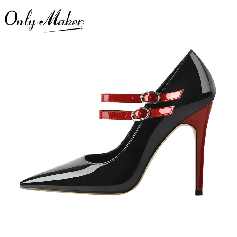 Onlymaker Women Pointed Toe Black and Red Mary Jane Thin Heels Pumps  Patent Leather Big Size Classic Fashion Shoes