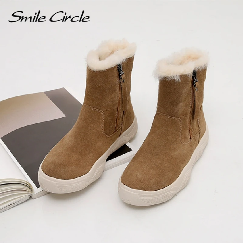 Smile Circle Suede Leather Ankle Boots Women Natural fur Warm Snow Boots Zipper Easy to wear Flat Boots Winter Ladies Shoes