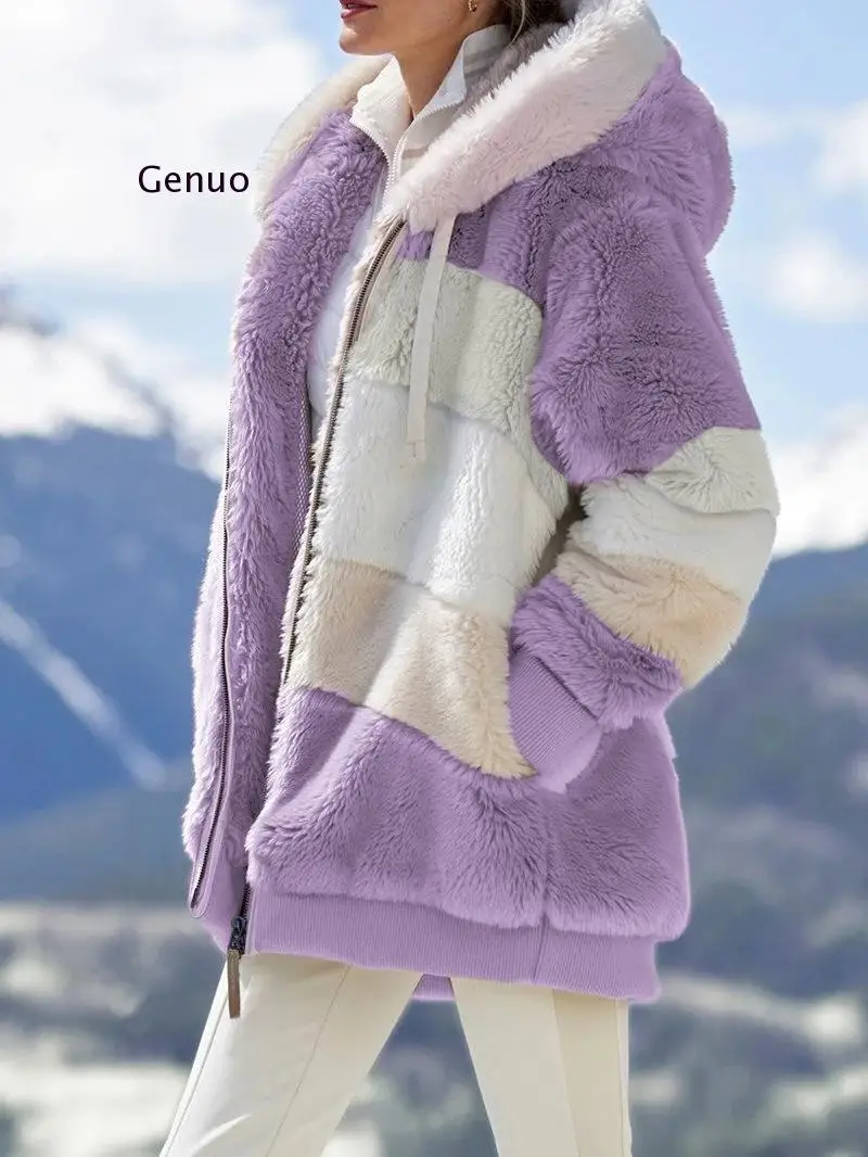 Manteau à capuche avec fermeture éclair pour femme, veste en poils d'agneau, à la mode, avec coutures, à carreaux, vêtements décontractés, 2021