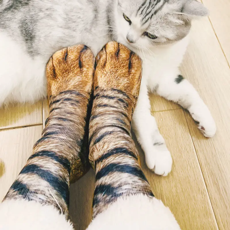 3 Pairs Animals Cat Socks Unisex 3D Printed Funny Tiger Leopard Paw Middle Tube Socks Fashion Happy Gift Combination Female