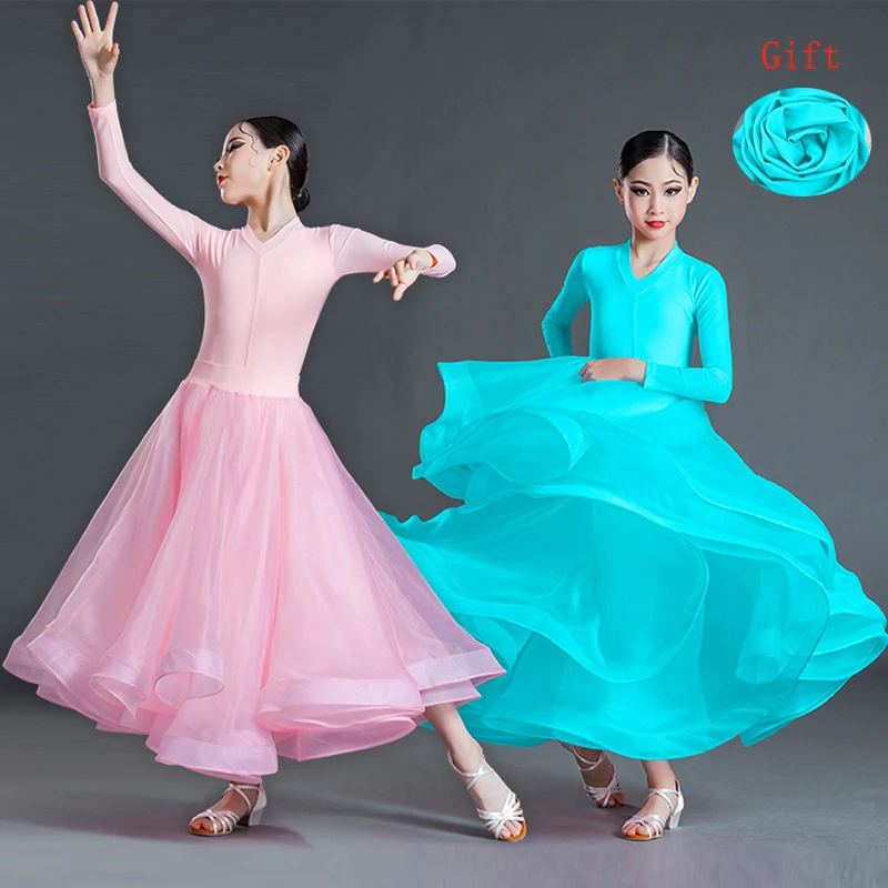 New Children\'S Latin Ballroom Dance Dress For Girls Pink V-Neck Split Large Skirt Modern Dance Gauze Skirt Ballroom Wear DN11077