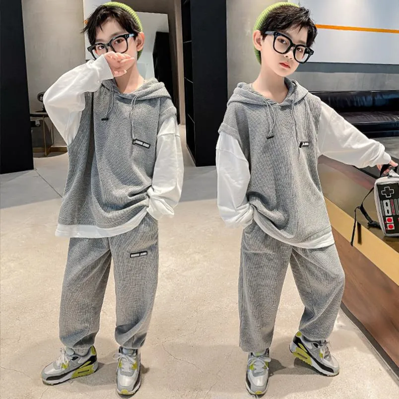 Baby boys spring autumn new sets 2022 hooded patchwork tops + pants 2pcs sets teenage clothing boys suits 6-16 years wz537