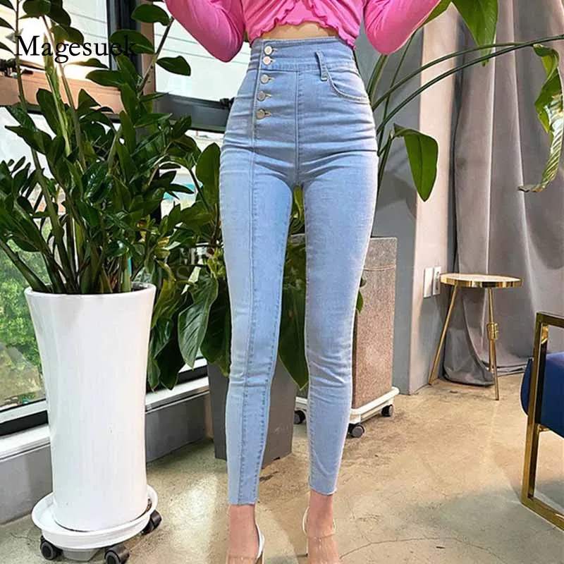 

High Waist Jeans 2020 Women Pants Single-breasted Lady Pencil Jeans Streetwear Women Denim Skinny Pants Trousers Pantalon 11568