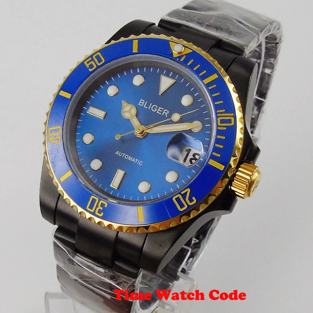 Reloj Automático de zafiro NH35/Miyota8215 para hombre, cronógrafo con fecha PVD negra, Cyclops, esfera azul, bisel chapado en oro, banda 316L, 40mm, Bliger