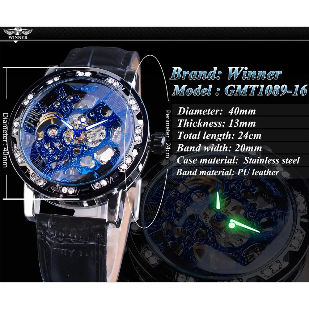 Winner Steampunk Diamond Luxury Display Luminous Hands Blue Dial Mens Mechanical Skelton Wrist Watch Top Brand Luxury Male Clock