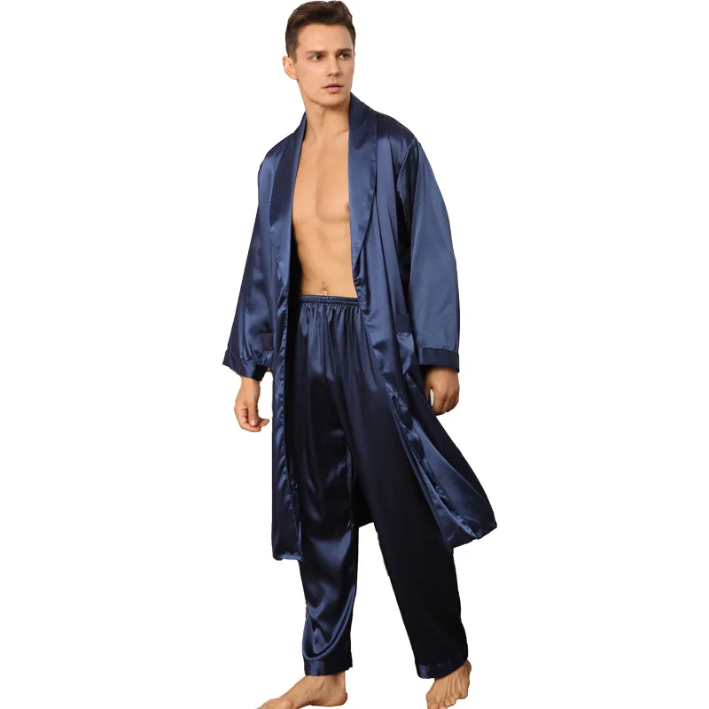 Conjunto masculino de pijamas de cetim de duas peças, roupão, vestido de banho de quimono pijama de manga longa, terno de lapela, verão