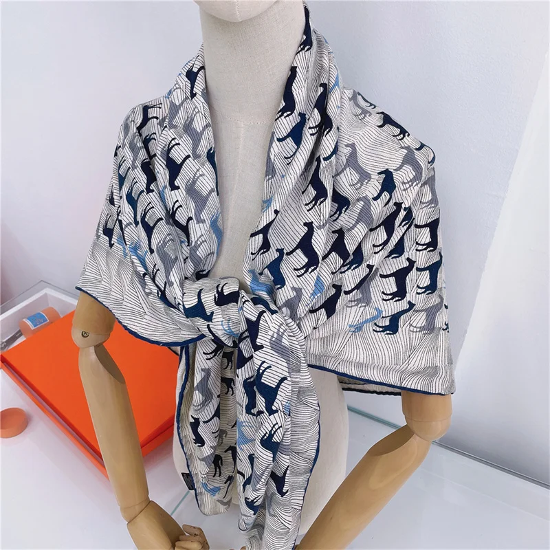 135CM Cashmere Scarf Women Manual Hand Rolled Shawls Horses Square Scarves Wraps Bandana Luxury Brand Hijabs Female Foulards