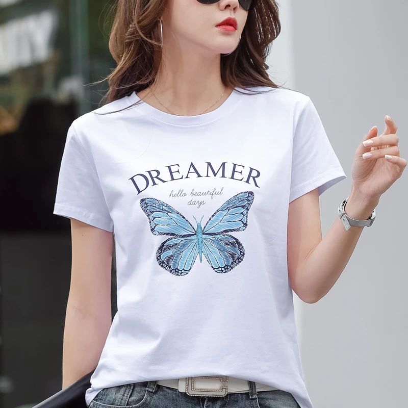 Butterfly Printing Women Summer Cotton Pink T-Shirt Casual Fashion Loose Short Sleeve Tshirts O-Neck Soft High Quality 2023 Tops