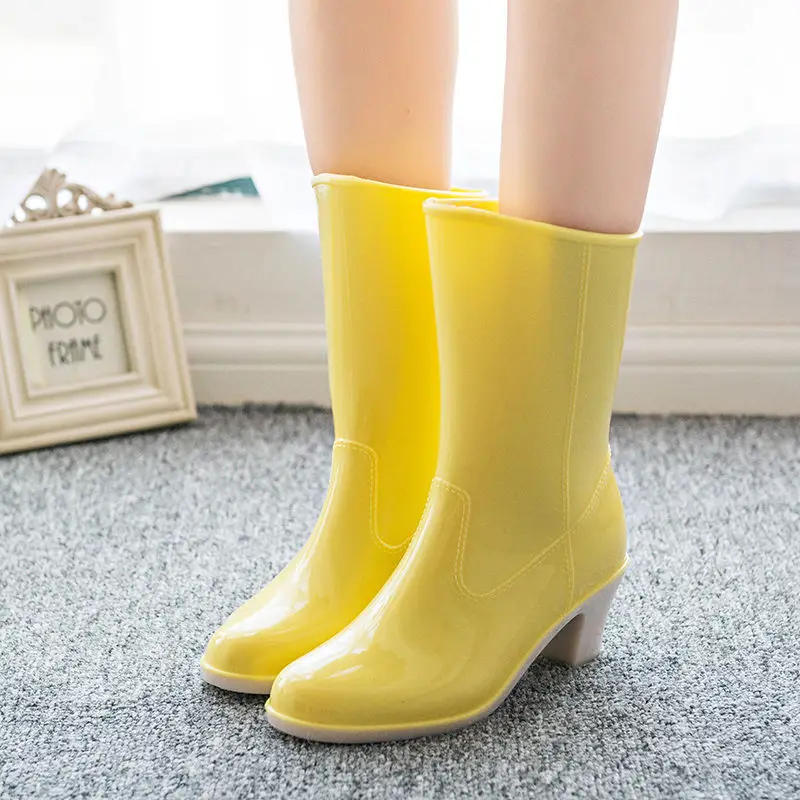 Fashion Women High Heels Rain Boots,Waterproof Mid-calf Rubber Shoes,Pink,Blue,Girls Non-slip Galoshes,Candy Colors,Dropship