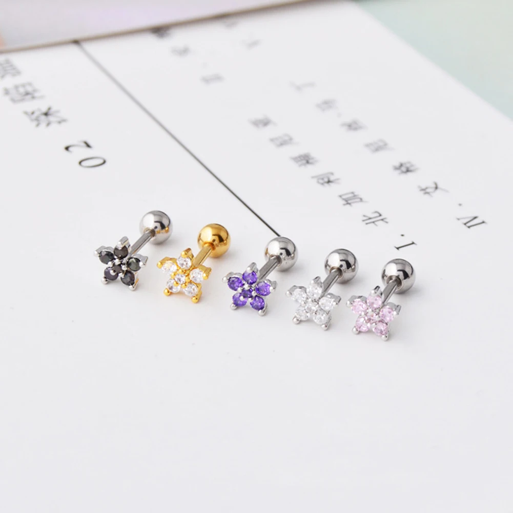 Trendy 1 Pcs Crystal Flower Cartilage Earring Stainless Steel Zircon Stud Earrings Cute Tragus Ear Stud Piercing Body Jewelry