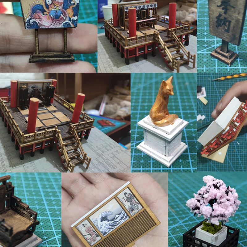 Japoński budynek sanktuarium Kami Inari Model drewniany domek dla lalek DIY miniaturowy zestaw z meblami zabawkowy dom dla lalek dorośli prezenty