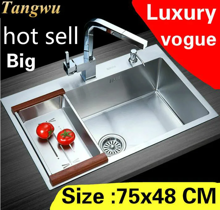 

Free shipping Apartment kitchen manual sink single trough 304 stainless steel big vogue hot sell 75x48 CM