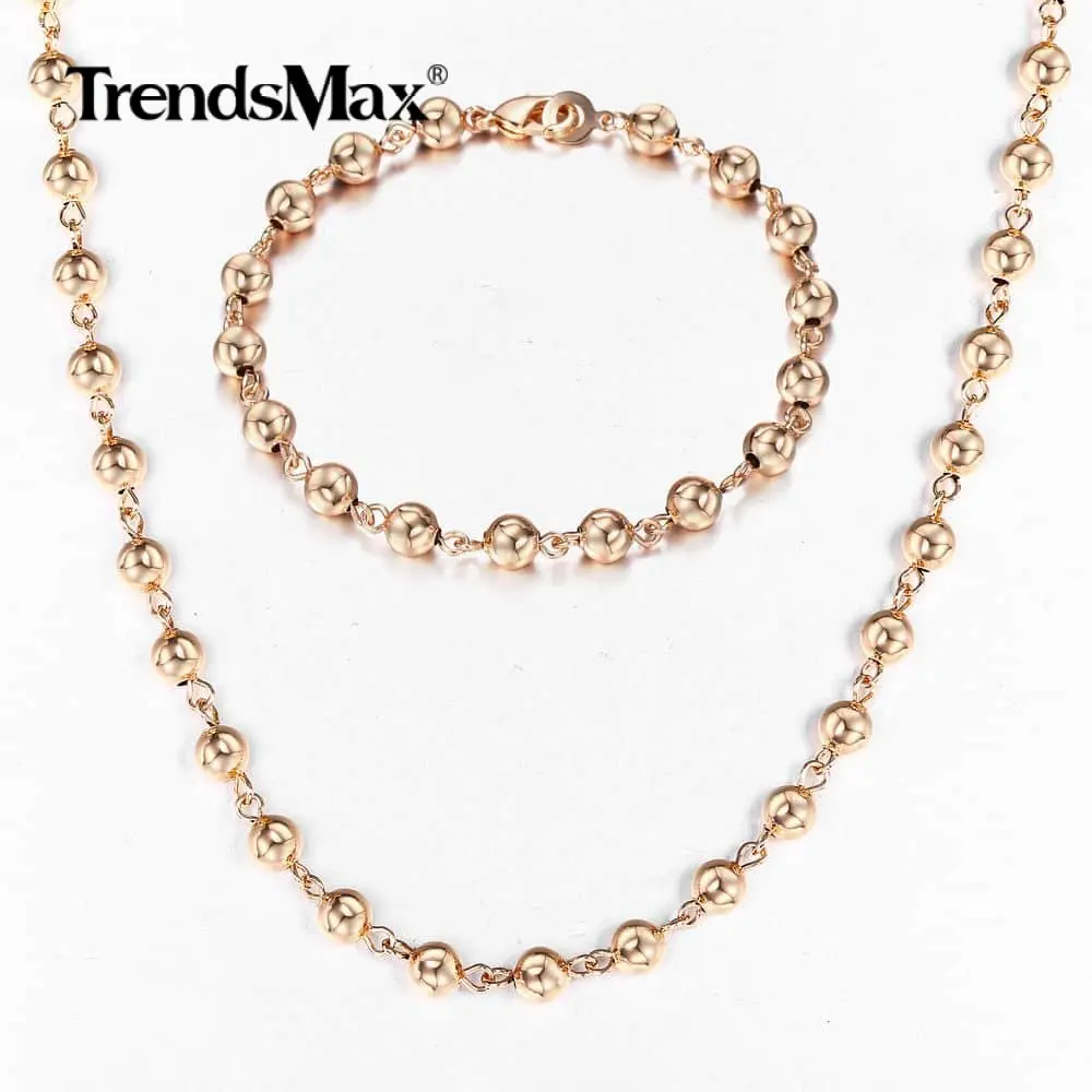 585 Rose Gold Color 6/8/10mm Bead Chain Necklace Bracelet Set for Women Girls Lobster Clasp Wedding Elegant Jewelry Gift CSM02