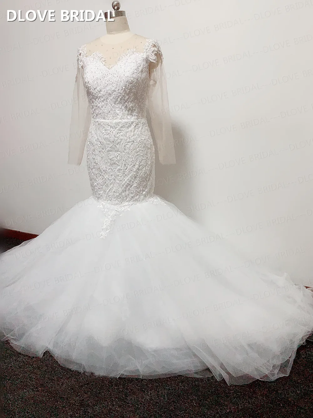 Vestido de novia de sirena de encaje de alta calidad, manga larga de ilusión, con cuentas de perlas, vestidos de novia hechos a medida de fábrica