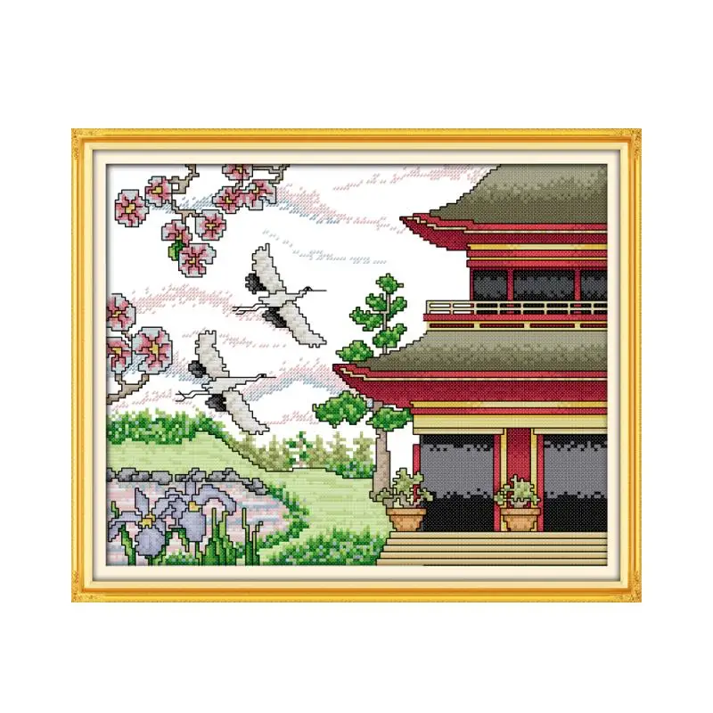 Cranes are back cross stitch kit lanscape garden 14ct 11ct count printed canvas stitching embroidery DIY handmade needlework