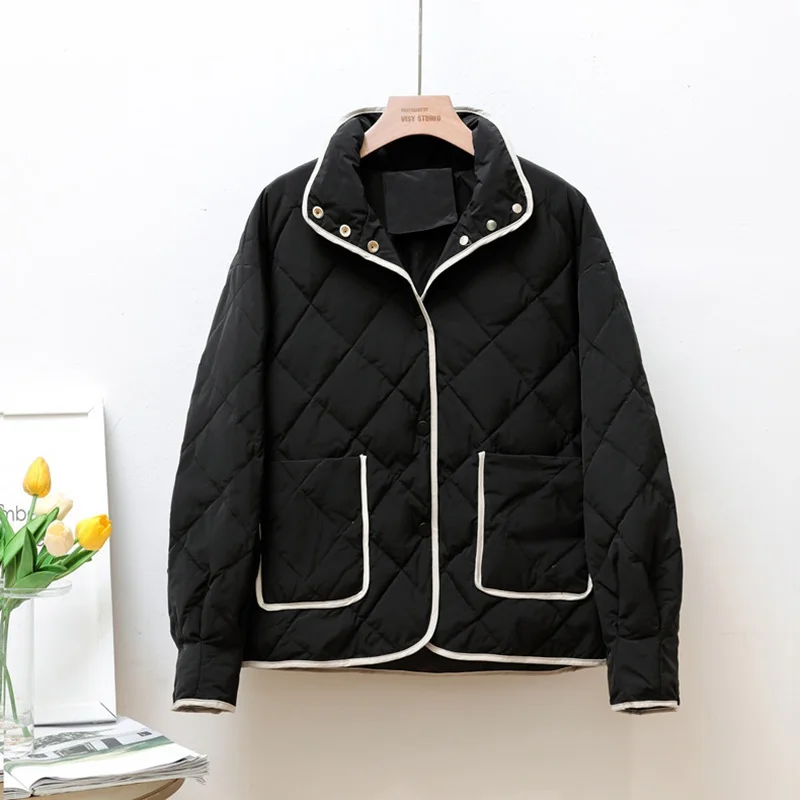 Winter 2021 New Stand Up Collar Lightweight Down Jacket Women Rhombus Lattice Thin Fashion All Match Singel Breasted Short Coat