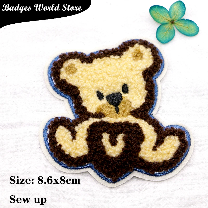 Cute Heart-shaped Bear Chenille Sequins Icon Towel Embroidery Applique Patches For Clothing DIY Iron on Badges on the Backpack