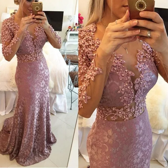 Beaded sereia manga longa pura decote até o chão feminino formal longo sexy vestidos de noite mãe da noiva vestido