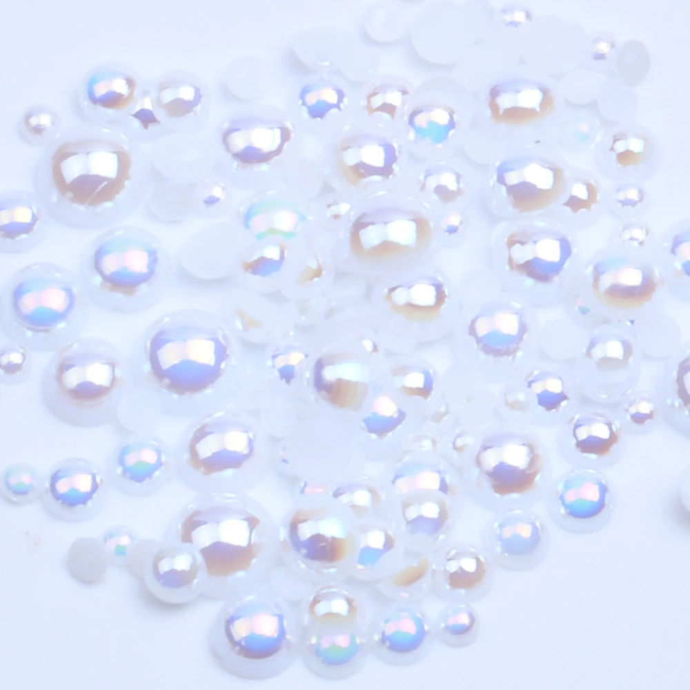 White AB Half Round Resin Pearls 2-12mm And Mixed Sizes Imitation Flatback Glue On Beads DIY Wedding Dress Decoration