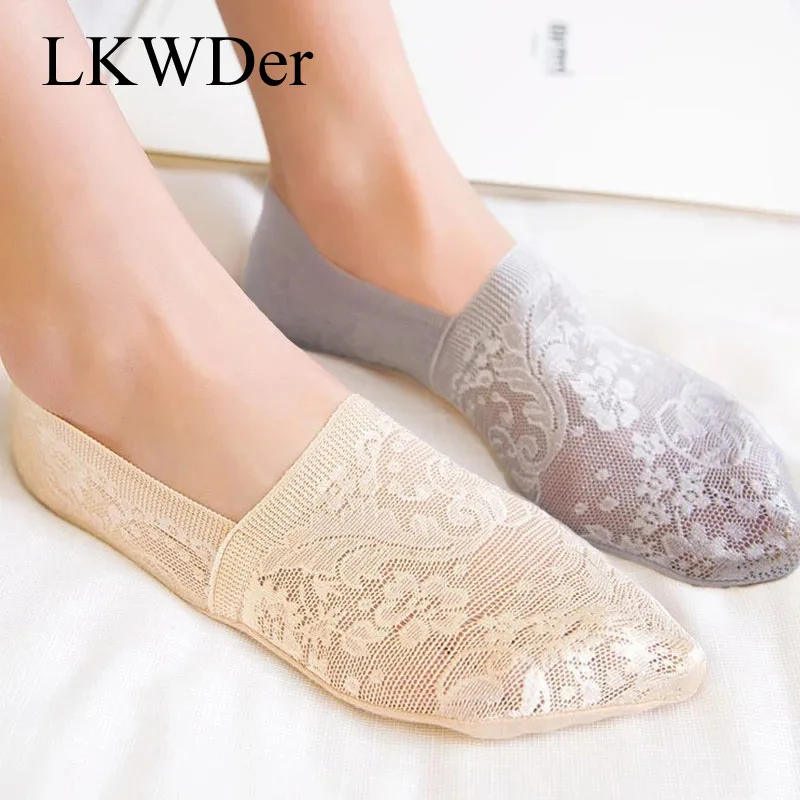 LKWDer Summer Womens Girls Silica Gel Lace Boat Socks Invisible Cotton Sole Non-slip Antiskid Slippers Anti-Slip Sock 1pair=2pcs